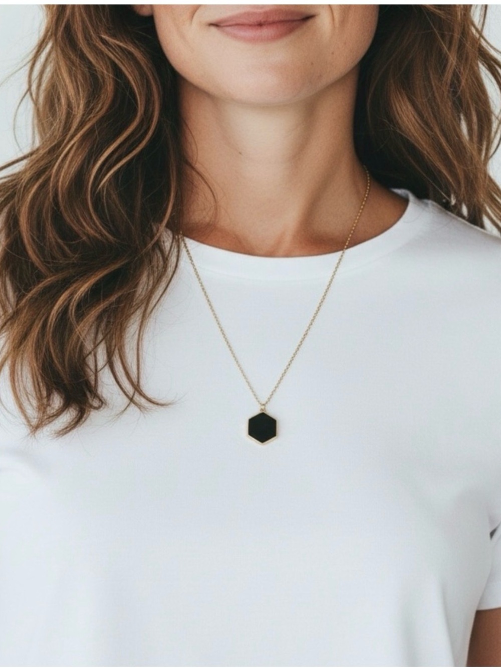 Gold Chain Necklace with Black Hexagon Pendant